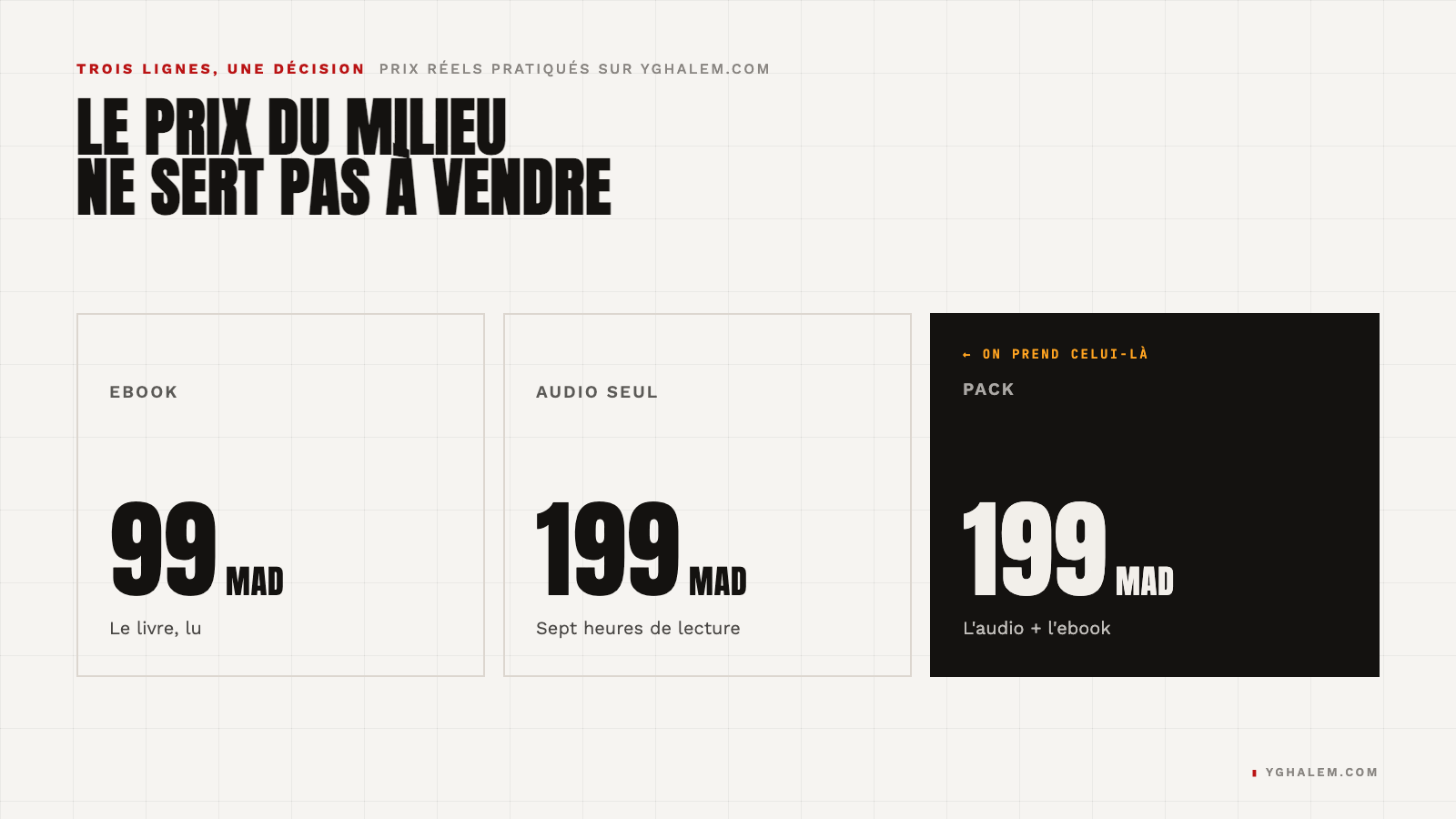 Trois prix côte à côte : ebook 99 MAD, audio seul 199 MAD, pack 199 MAD